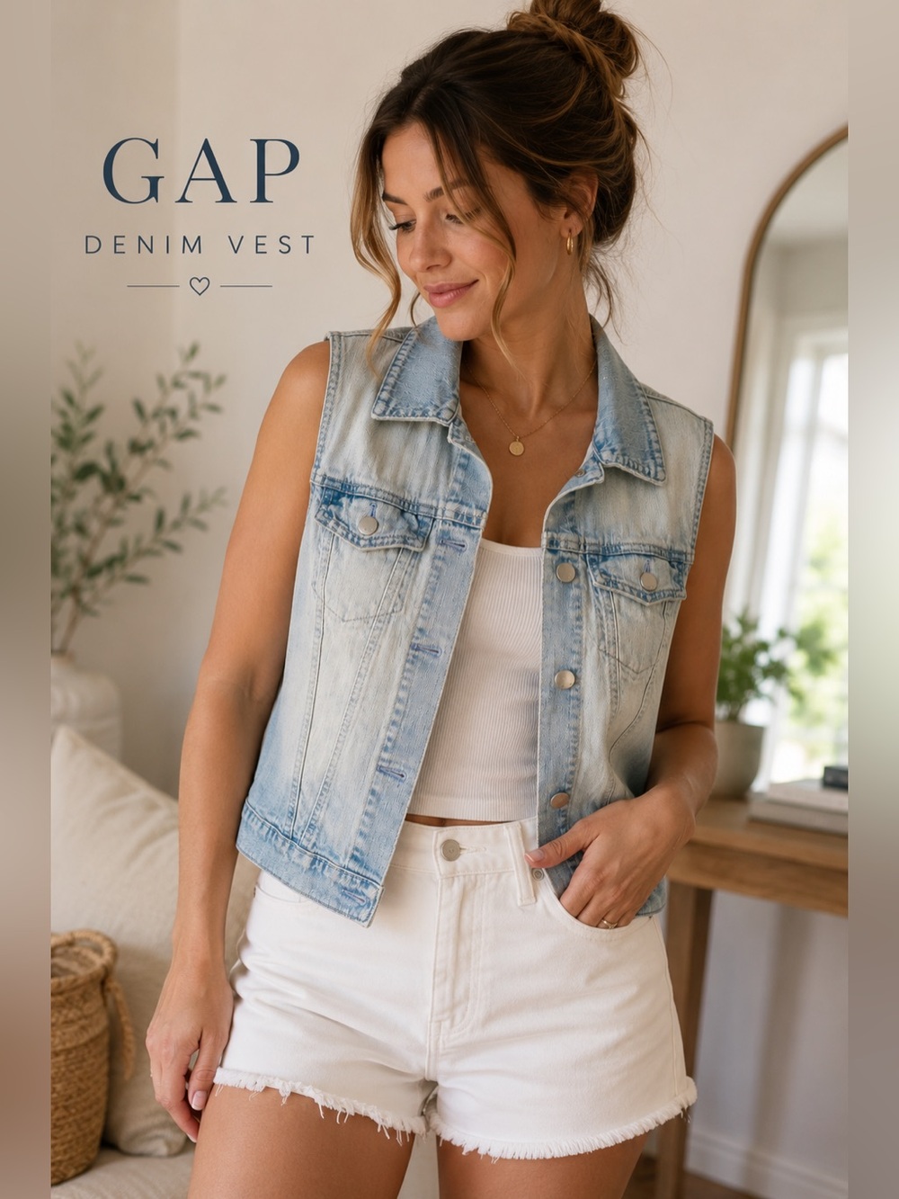 GAP Light Wash Denim Vest Women’s Medium Button Front Stretch Jean Jacket